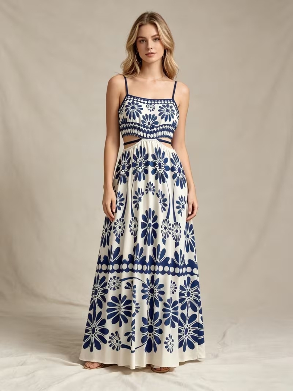 Sleeveless Navy Floral Cutout Maxi Dress